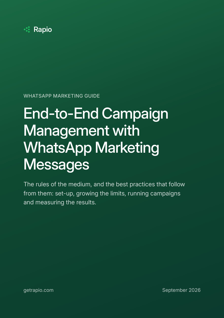 Cover of the WhatsApp marketing guide, with two inside pages behind it