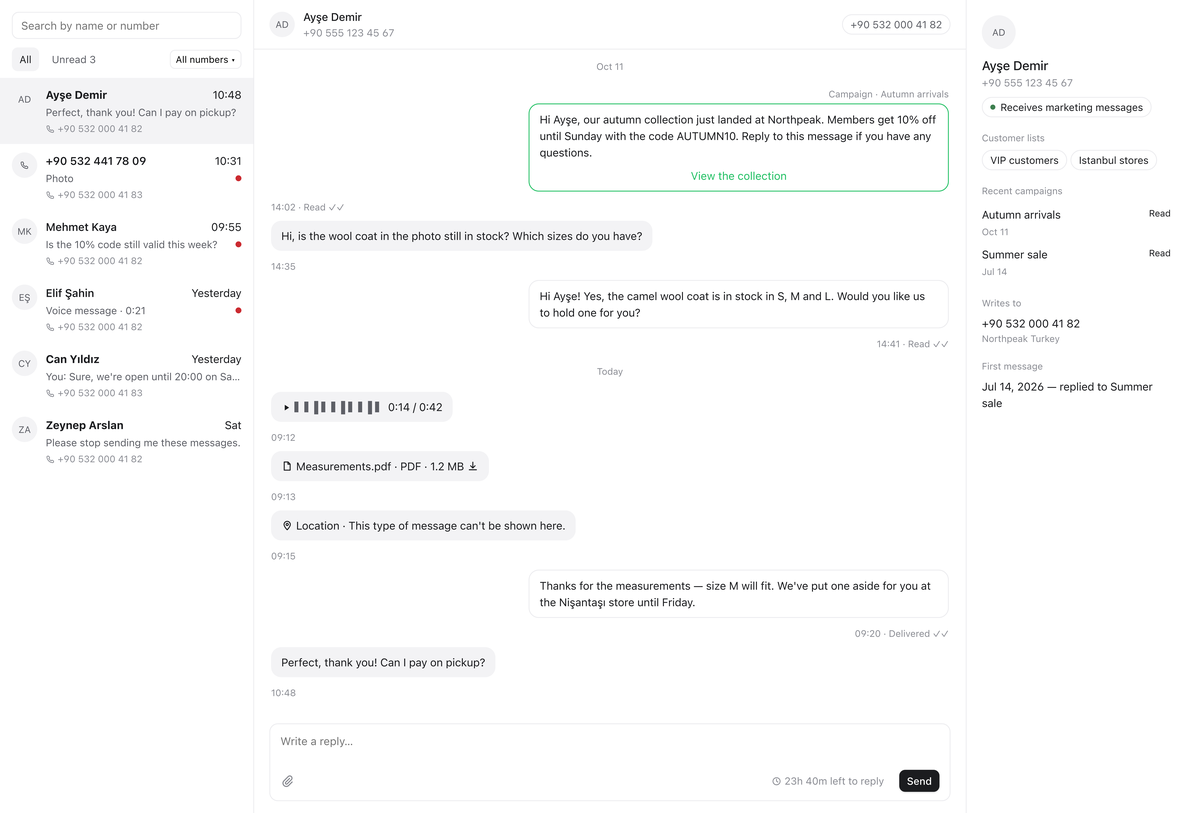 A conversation in Rapio's Inbox: the customer's voice message and PDF, the team's replies with their delivery status, the reply box with the time left in the 24-hour window, and the contact panel