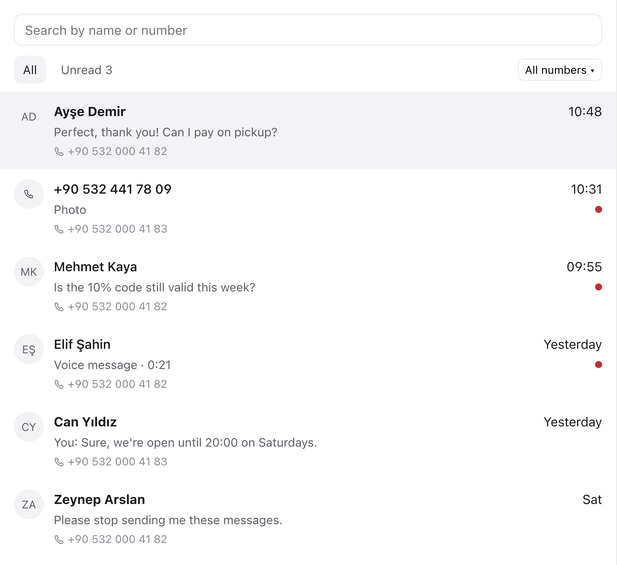Rapio's Inbox: the conversation list with search, the All, Unread and number filters, and a red dot on unread conversations