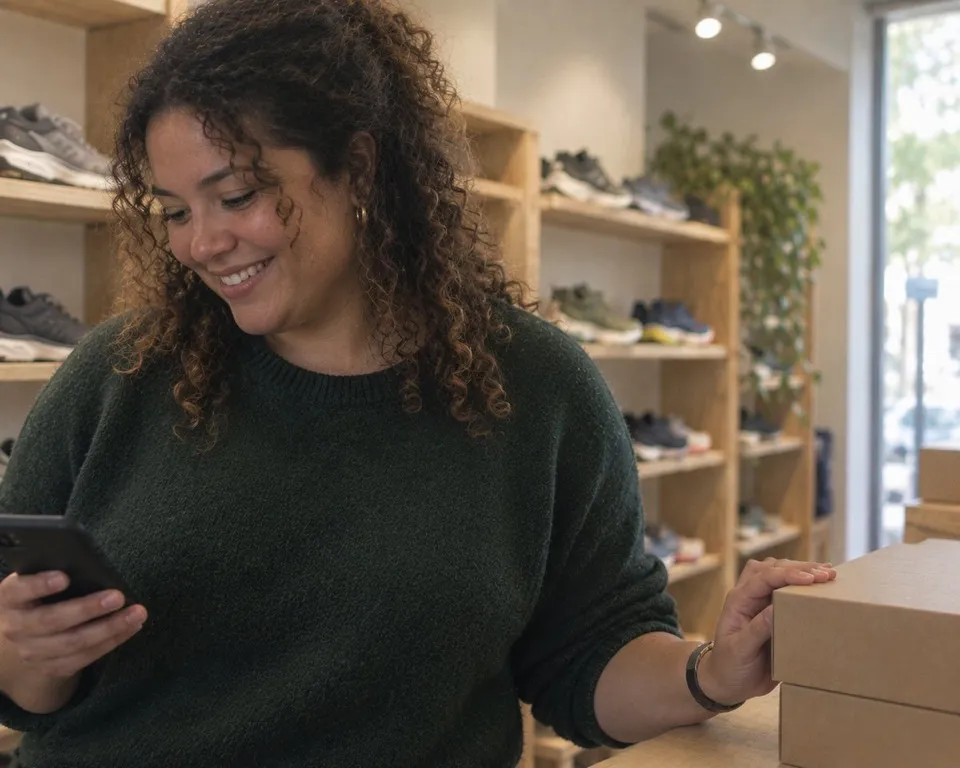 Smiling store owner with curly hair looking at her phone between shelves of running shoes