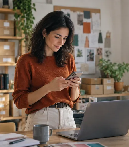 A marketing manager checks her phone at her desk, with parcels ready to ship behind her